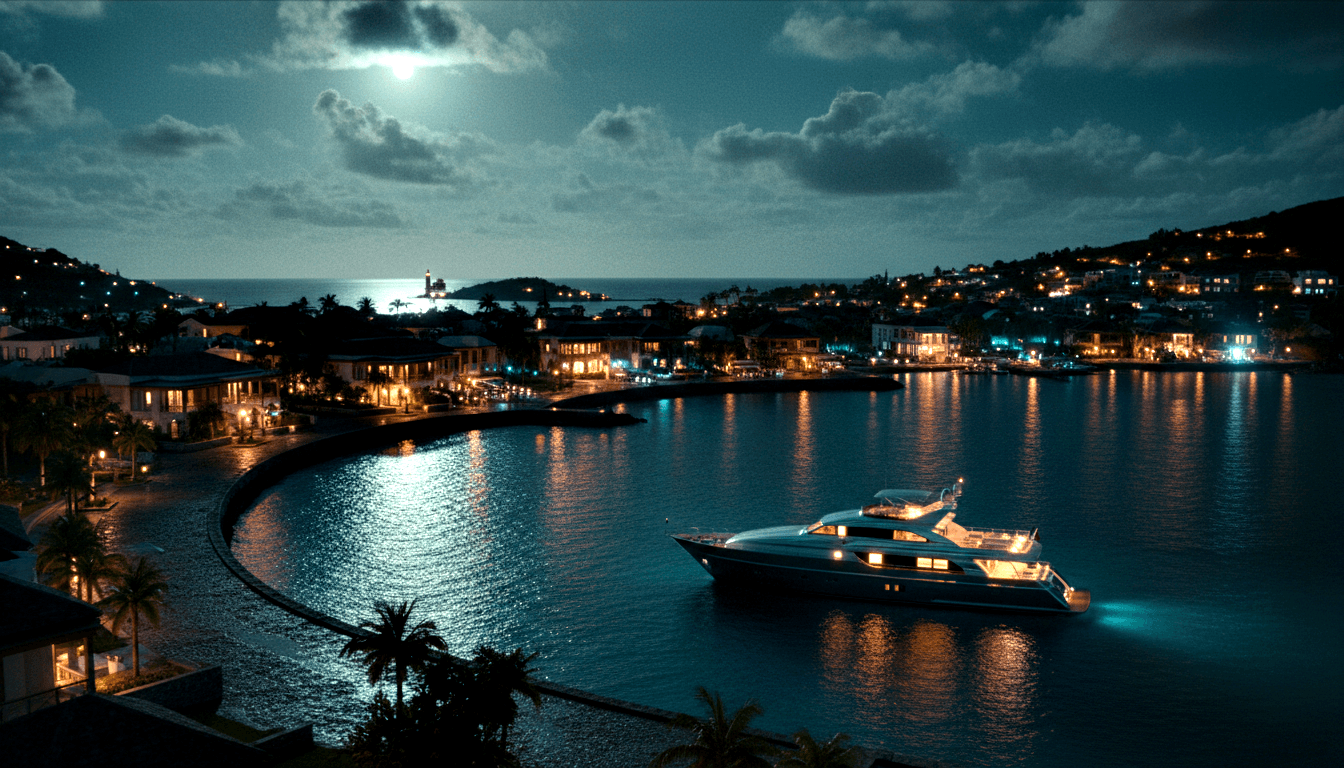 Multi-deck motor yacht with turquoise underwater lighting in a calm bay at night, with amber-lit hillside buildings and silhouetted palms.