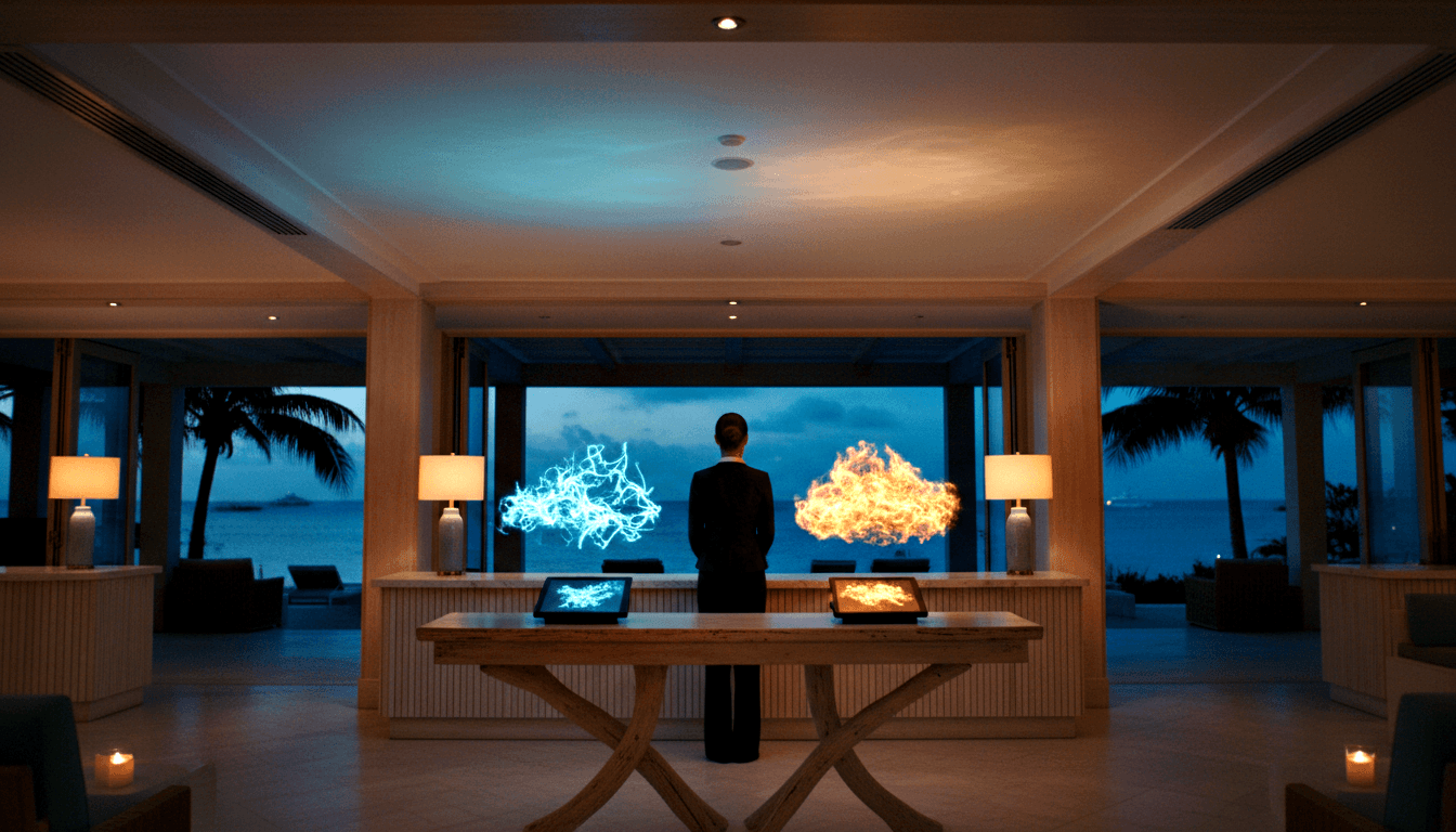 Person in dark suit behind marble reception desk, flanked by glowing cyan electrical and orange-red fiery forms on tablets and projected above.