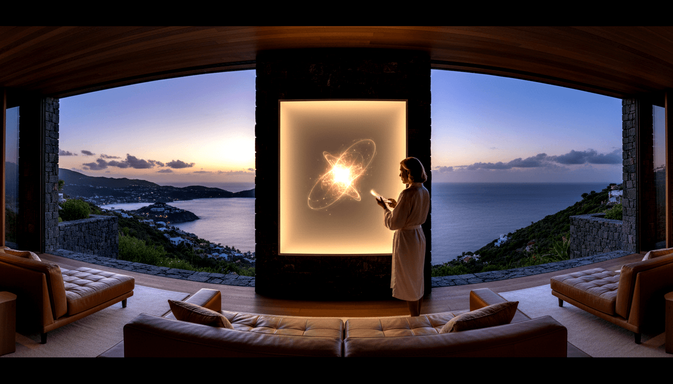 Woman in light robe holding a device faces a glowing atomic orbital panel in a curved interior with coastal twilight views.