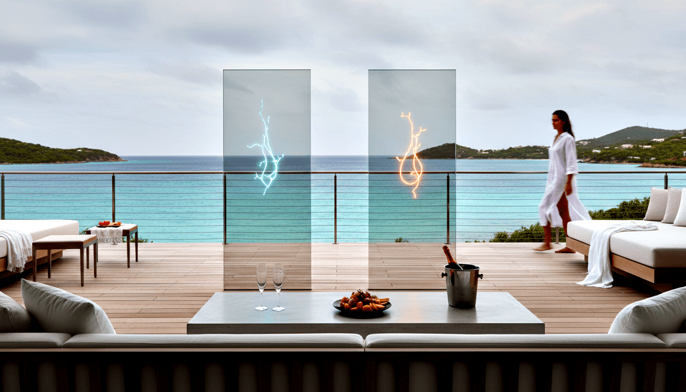 Teak terrace with glass railings over turquoise sea; two tall glass panels with lightning and amber glow flank a table with champagne and fruit.