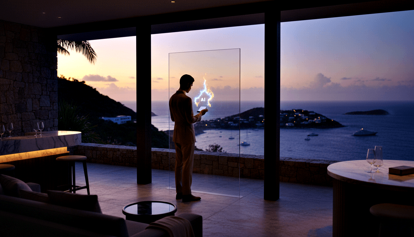 Man in tan suit holds device toward large glass panel displaying a glowing flame-like AI hologram, with a dusk coastal view behind.