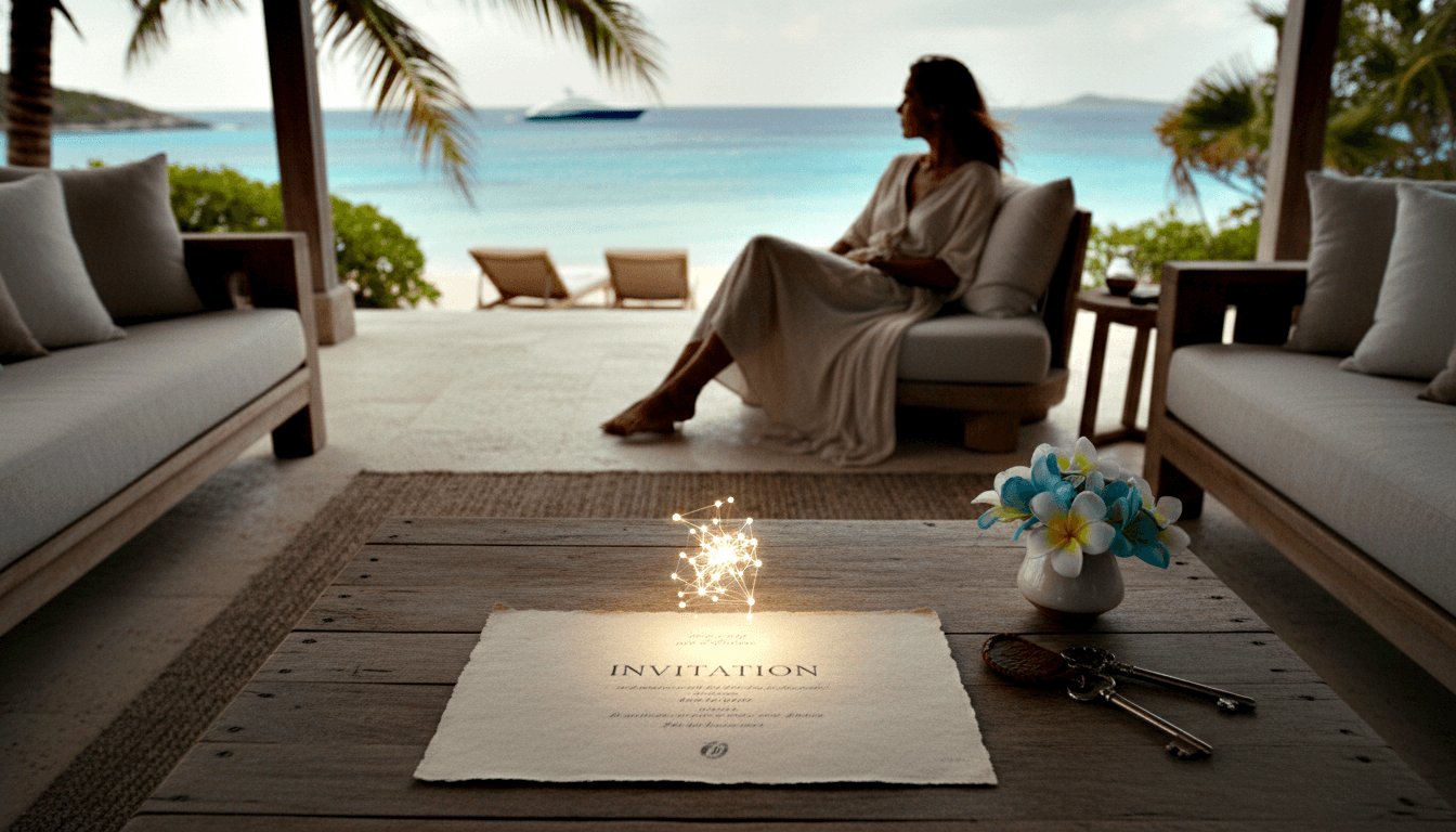 Cream invitation card on a wooden table beside skeleton keys, a glowing geometric structure, and a vase with tropical flowers.