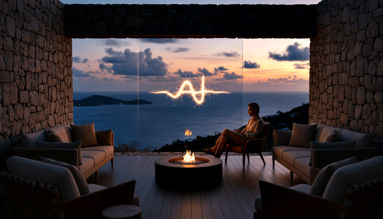Stone-walled open-air terrace at dusk with round fire pit, upholstered sofas, and a man seated in a lounge chair overlooking ocean and islands.