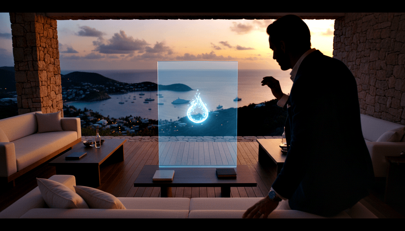 Male silhouette in suit gestures at glowing blue digital panel on wooden terrace with white sofas, coastal bay and sunset behind him.