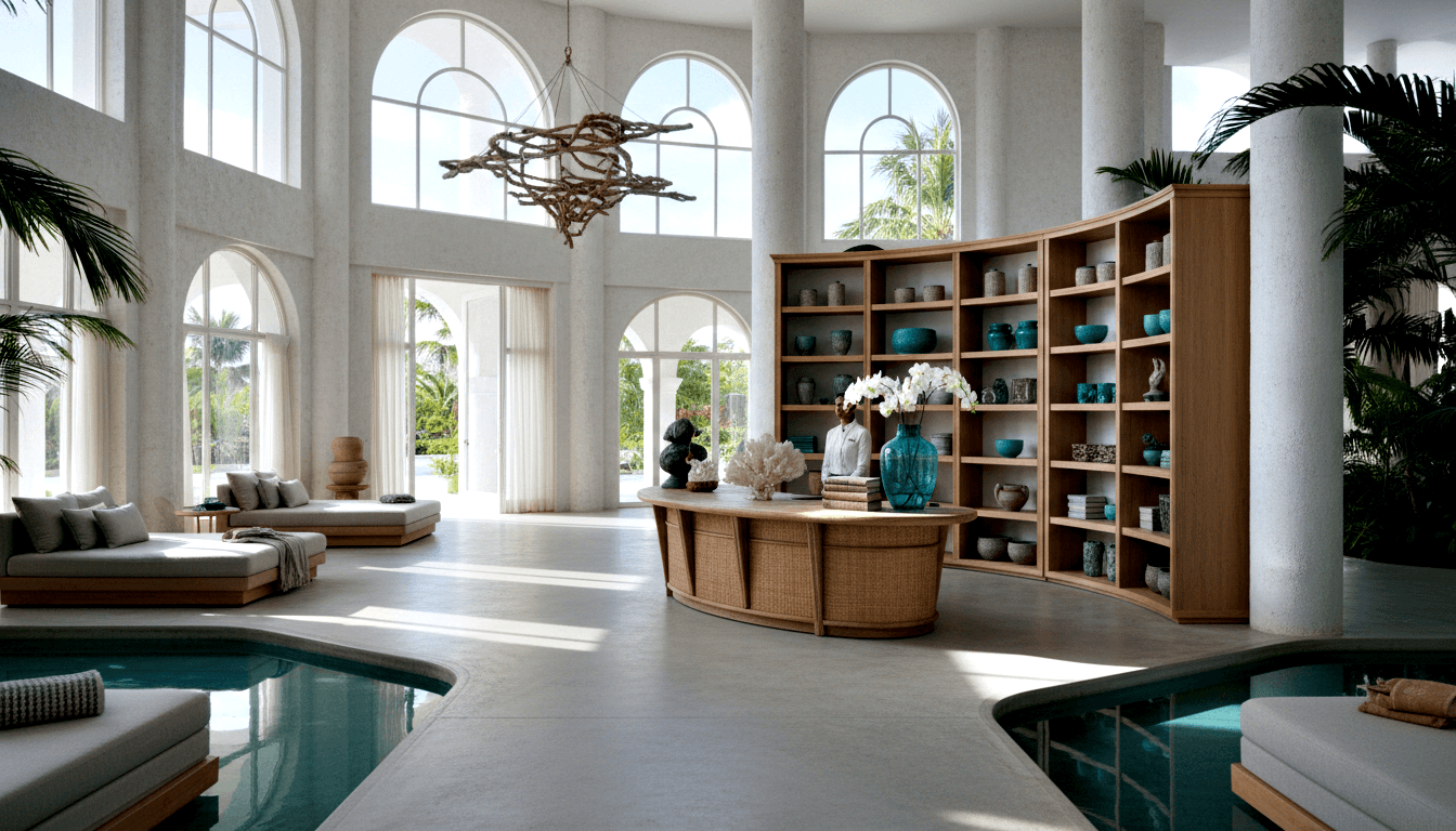 Double-height hall with white columns, Palladian windows, curved rattan counter, wooden shelving with ceramics, coral, and orchids.
