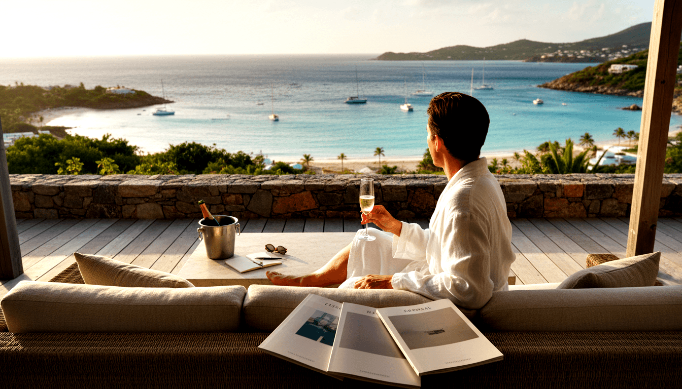 Person in white bathrobe on rattan sofa raises champagne flute toward turquoise bay with sailboats and sandy beach.