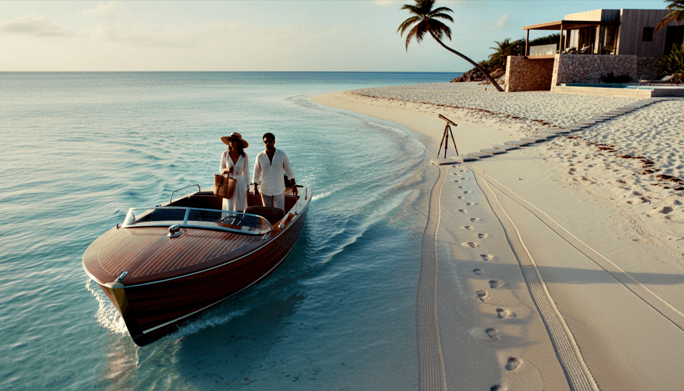 Mahogany speedboat with chrome accents on turquoise water toward a sandy beach with a palm, telescope, and stone structure.