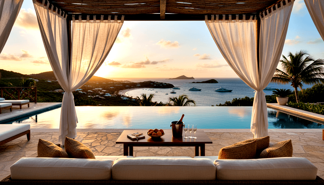 Open-air cabana with white curtains, daybed, and coffee table overlooking an infinity pool toward a calm bay at sunset with yachts and islands.