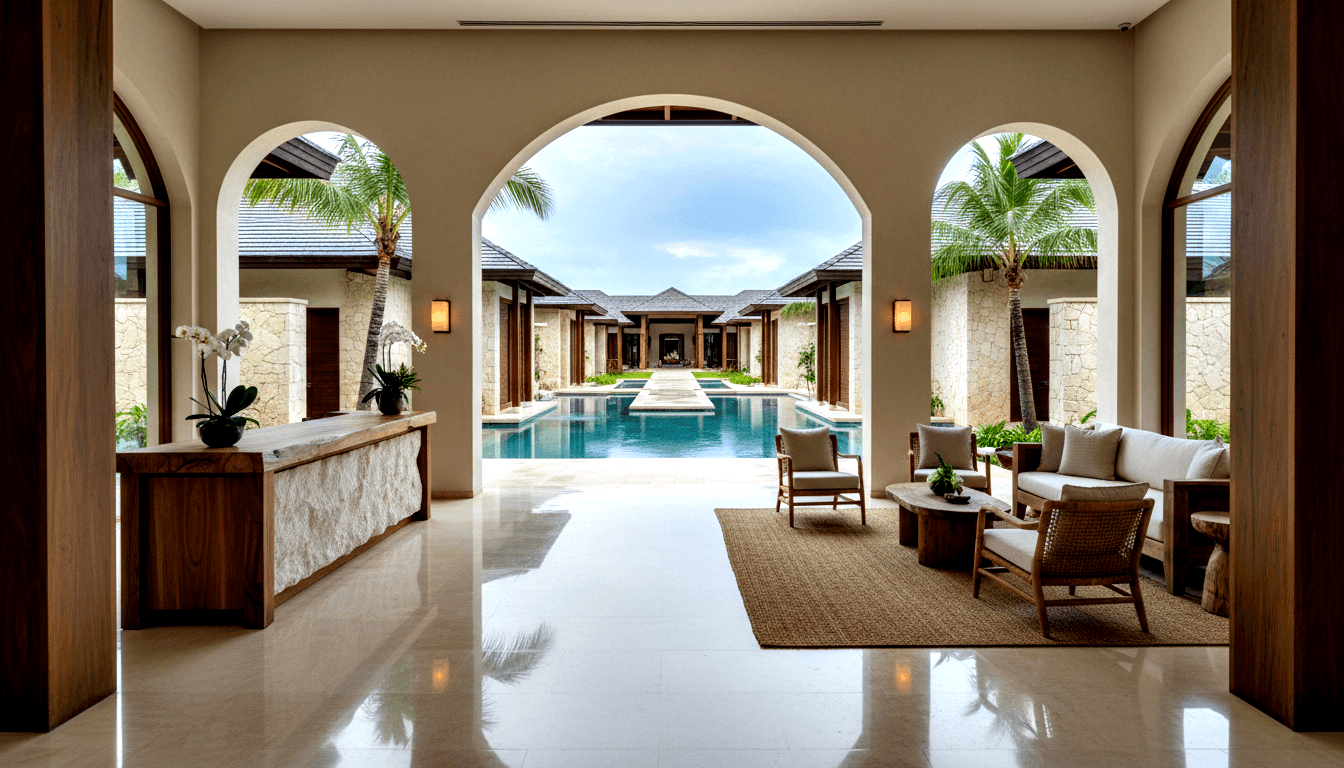 Arched openings frame a courtyard with a rectangular aquamarine pool; foreground has rattan chairs, sofa, orchids, and cream marble floors.