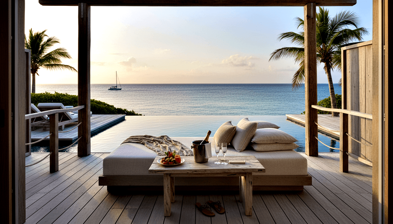 Open wooden double doors reveal a deck with a padded daybed, coffee table with champagne and fruit, teal infinity pool, and ocean at golden hour.