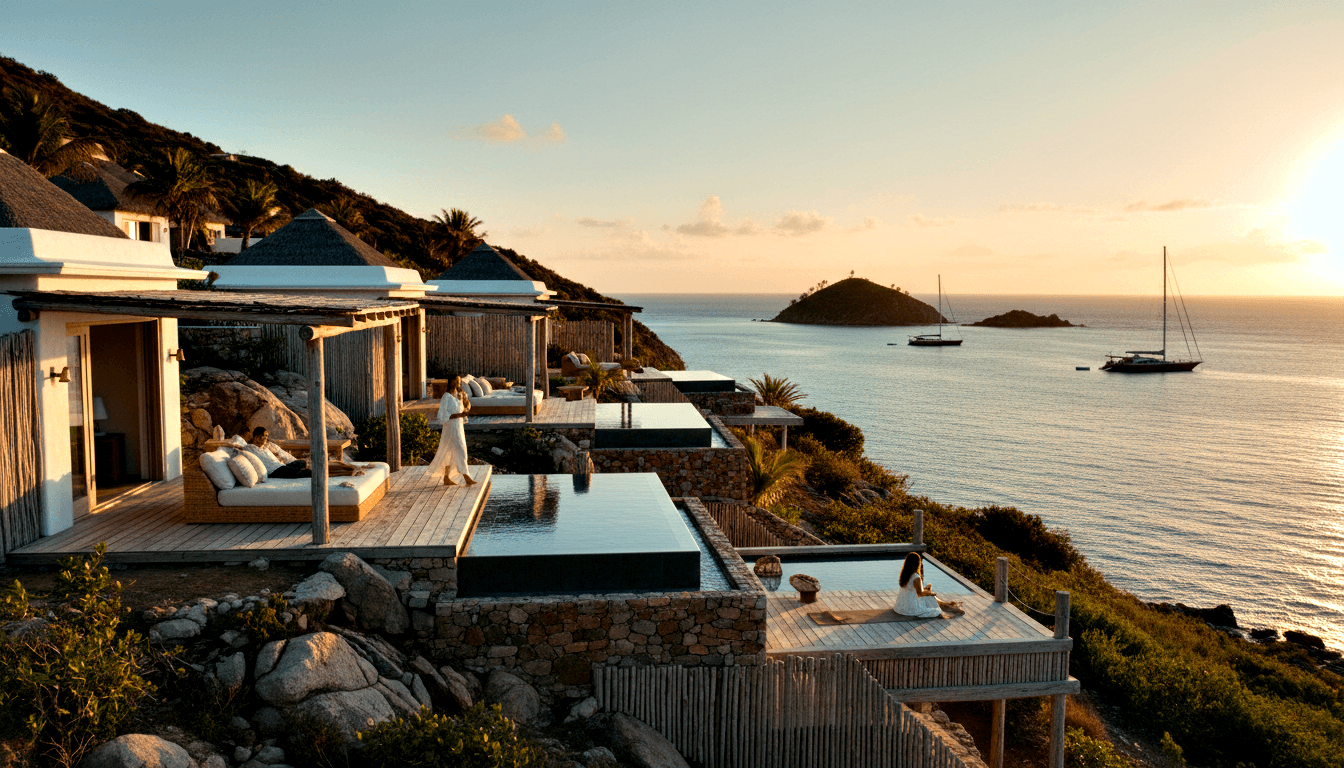 Terraced hillside resort with infinity pools mirroring golden sky, figures in white on shaded tiers, calm ocean beyond.