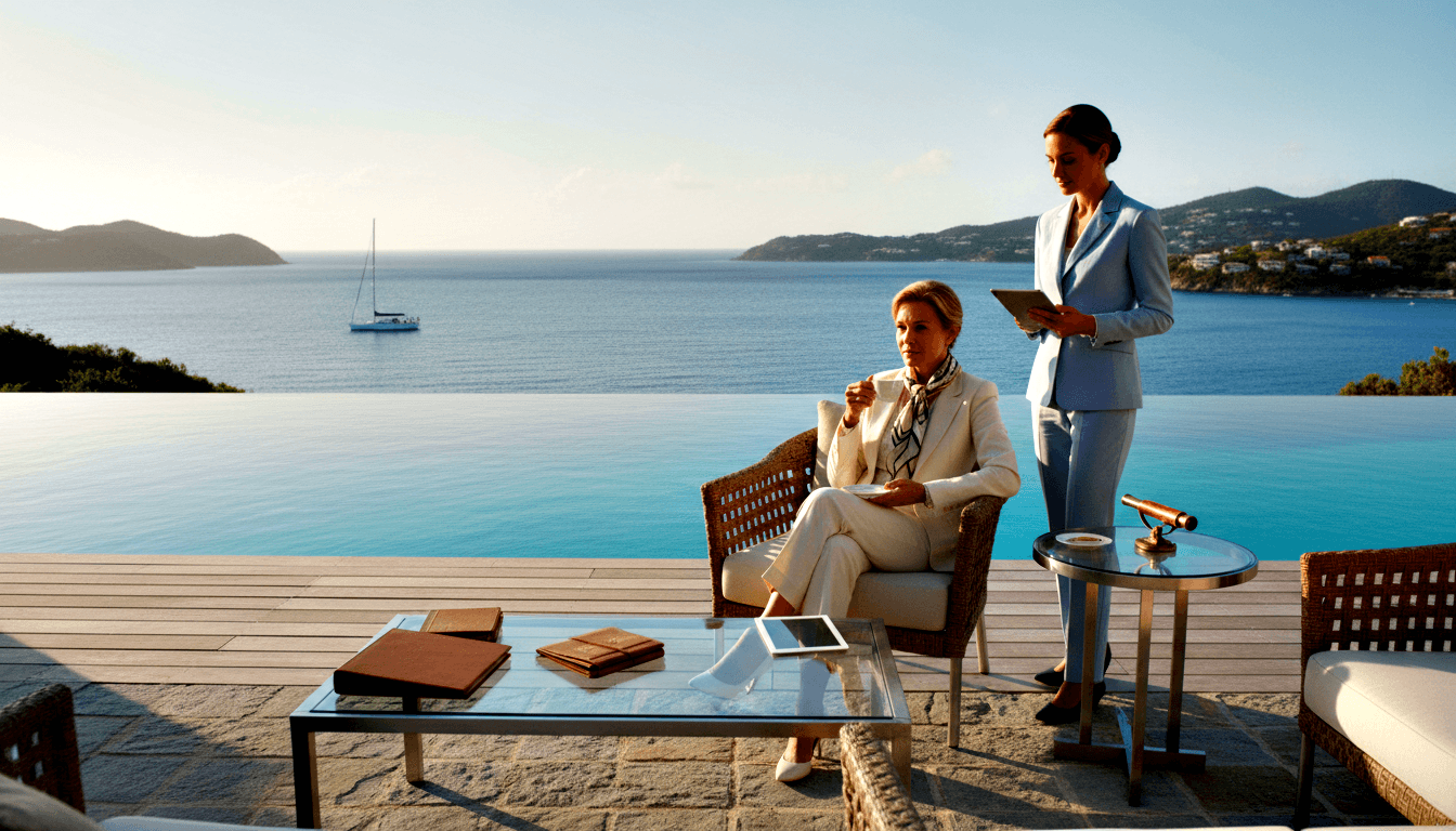 Seated blonde woman in cream suit holds cup while dark-haired woman in blue pantsuit stands with tablet on outdoor terrace.