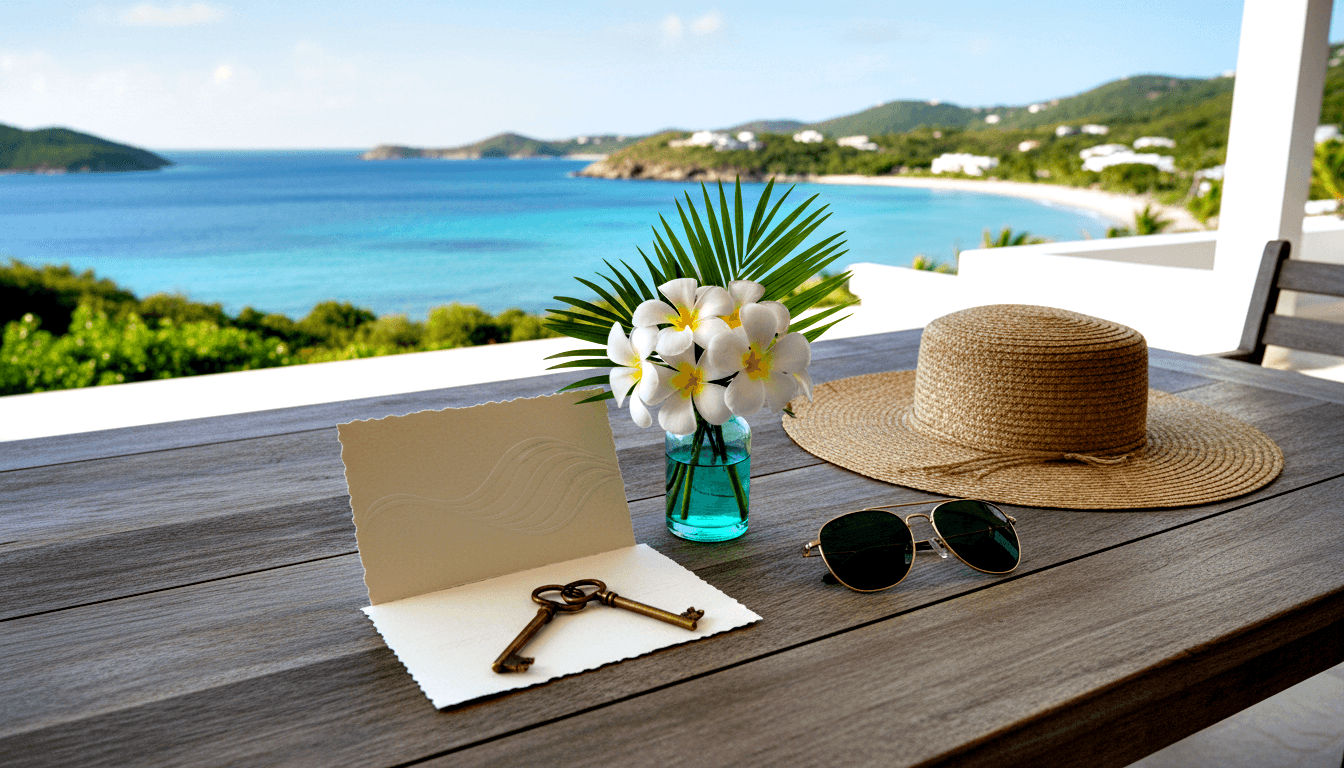 Gray wood table with white card, brass skeleton keys, turquoise vase with plumeria, straw hat, gold aviator sunglasses; turquoise bay behind.