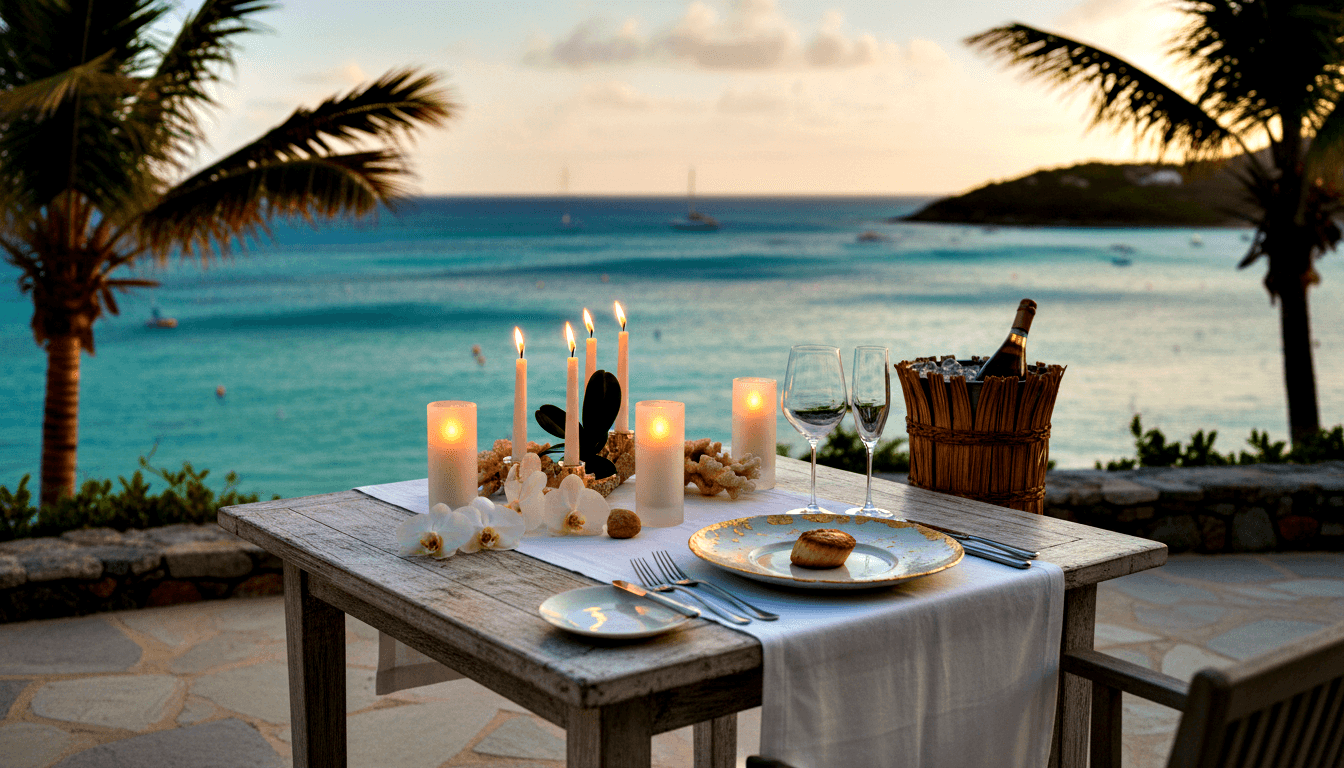Weathered wooden table for two on stone terrace at dusk, set with candles, wine glasses, orchids, and wicker ice bucket; turquoise bay behind.