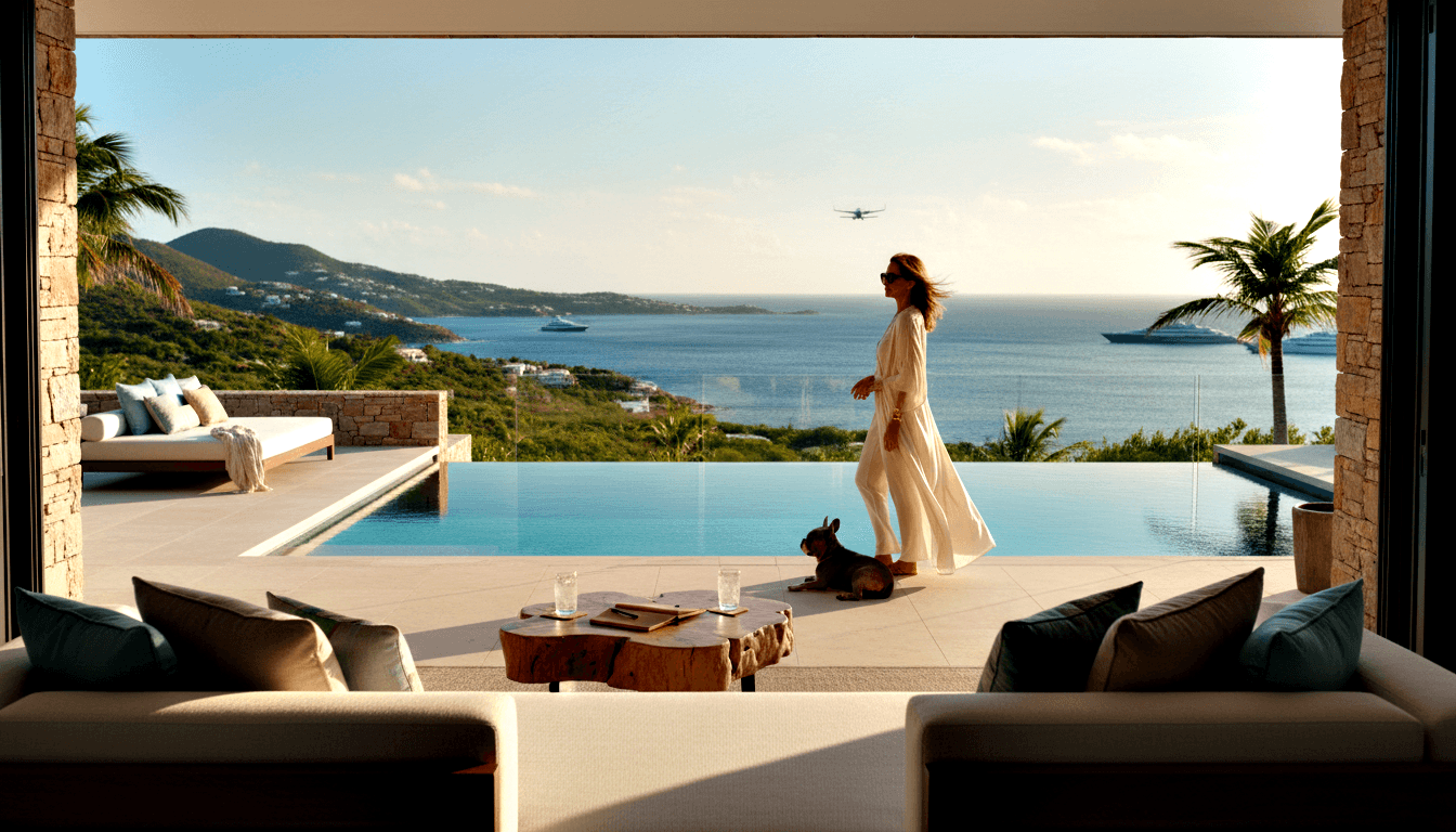 Woman in white maxi dress on villa terrace beside infinity pool overlooking turquoise coastal bay with yachts; small dark dog rests nearby.