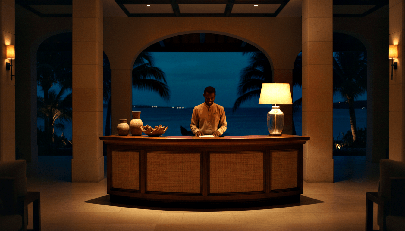 Resort reception desk, rattan panels, cream lamp; staff in cream jacket behind stone columns; night view of palms and dark water.