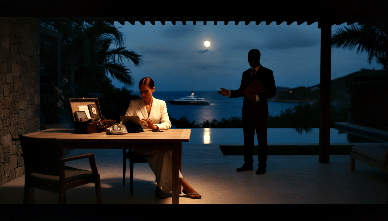 Woman in white blazer working on laptop at stone terrace table at night; man in dark suit stands near edge overlooking moonlit sea and yacht.