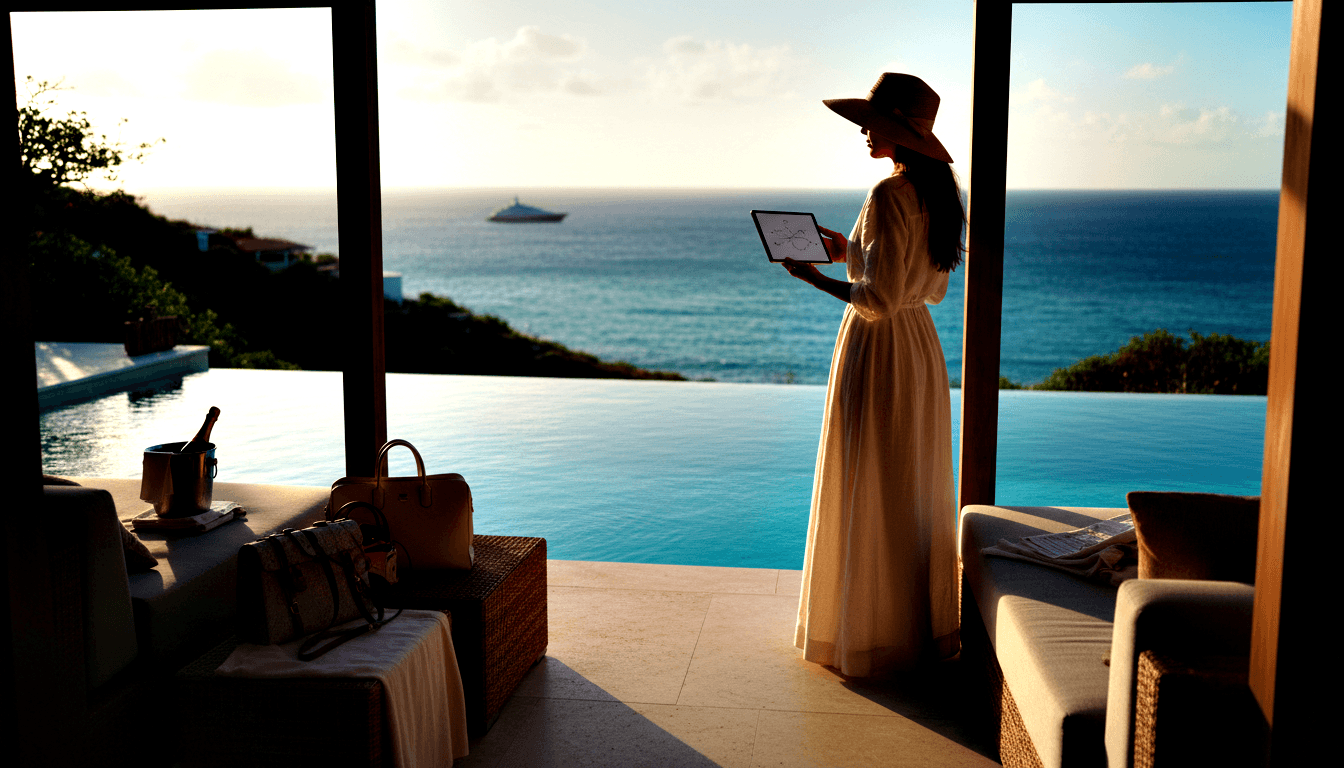 Woman in cream dress and wide-brimmed hat stands at open threshold viewing a tablet, with teal infinity pool, ocean, and hillsides beyond.