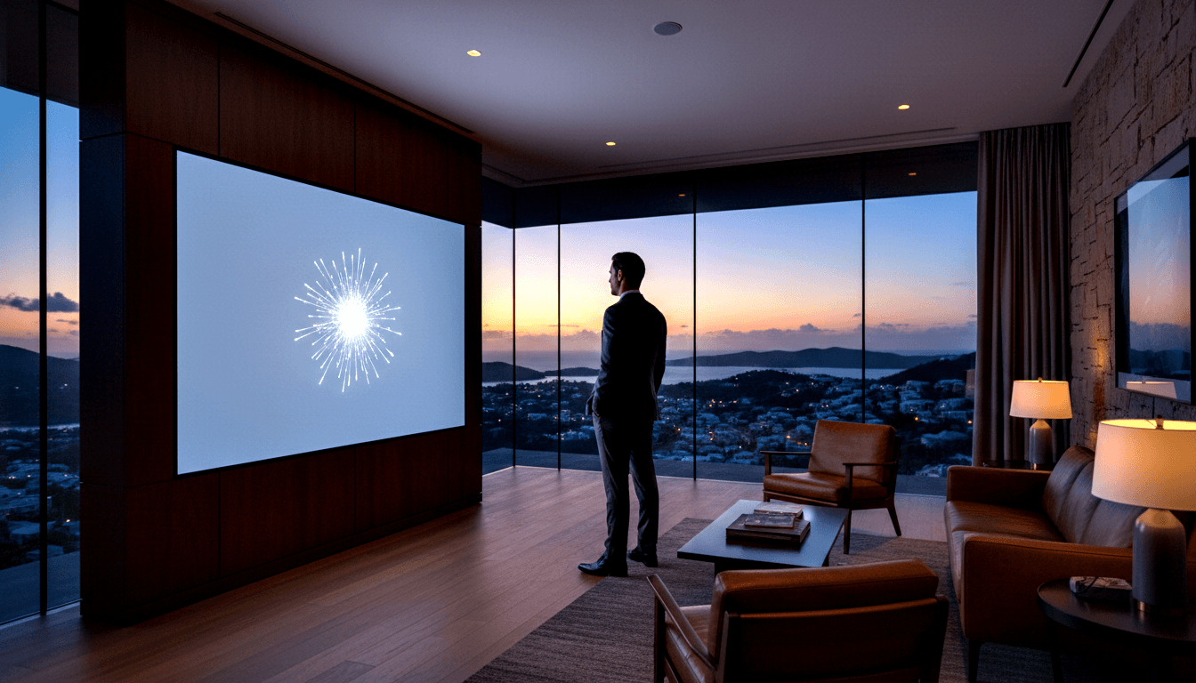 Male figure in dark suit, back to viewer, stands before floor-to-ceiling windows overlooking coastal cityscape at dusk with amber horizon.