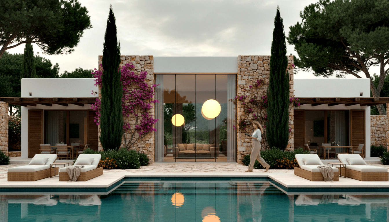 Teal pool with wicker loungers leads to stucco pavilion flanked by cypress trees and magenta bougainvillea.
