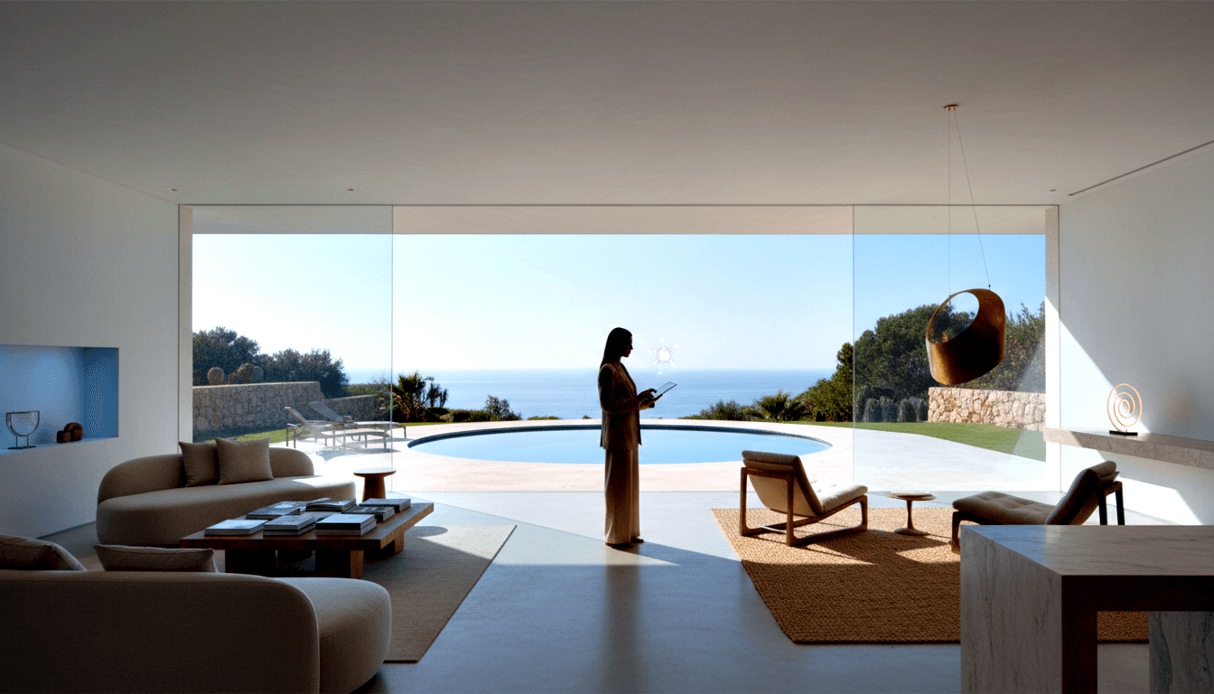 Woman in long ochre robe stands backlit at glass opening to terrace with circular pool and ocean view, holding glowing tablet.
