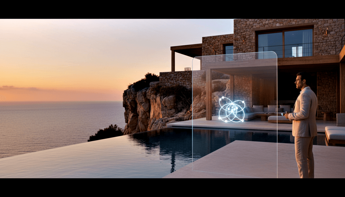 Man in beige linen suit on cliffside villa terrace facing a glowing cyan atomic orbital hologram panel at golden hour.
