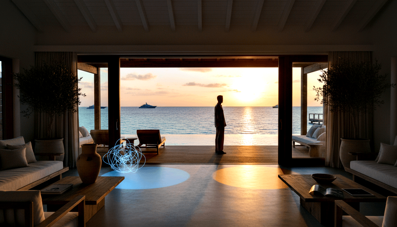 Silhouetted adult stands at open threshold between dim interior and wooden deck overlooking a golden sunset over teal ocean with yachts.
