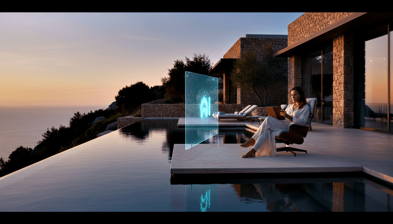 Woman in white linen sits barefoot in lounge chair on cliffside terrace, reading a tablet near a glowing cyan AI panel by an infinity pool.