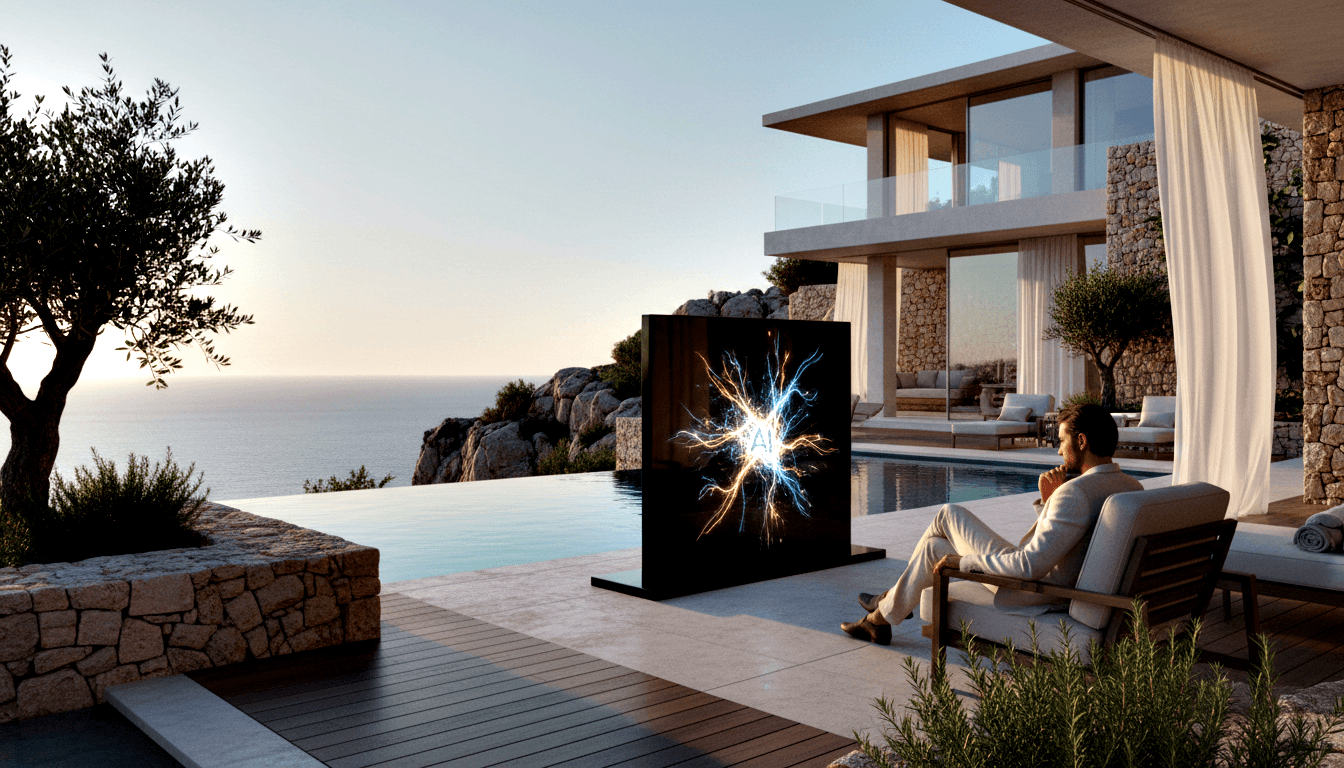 Man in cream suit sits in lounge chair on cliffside terrace, hands clasped, gazing at a freestanding panel with gold-and-blue energy burst.