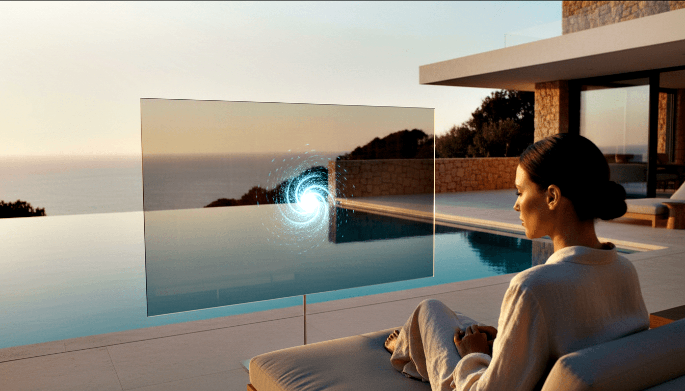 Dark-haired woman in cream garment sits cross-legged on daybed facing a transparent display showing a glowing blue-white digital spiral vortex.