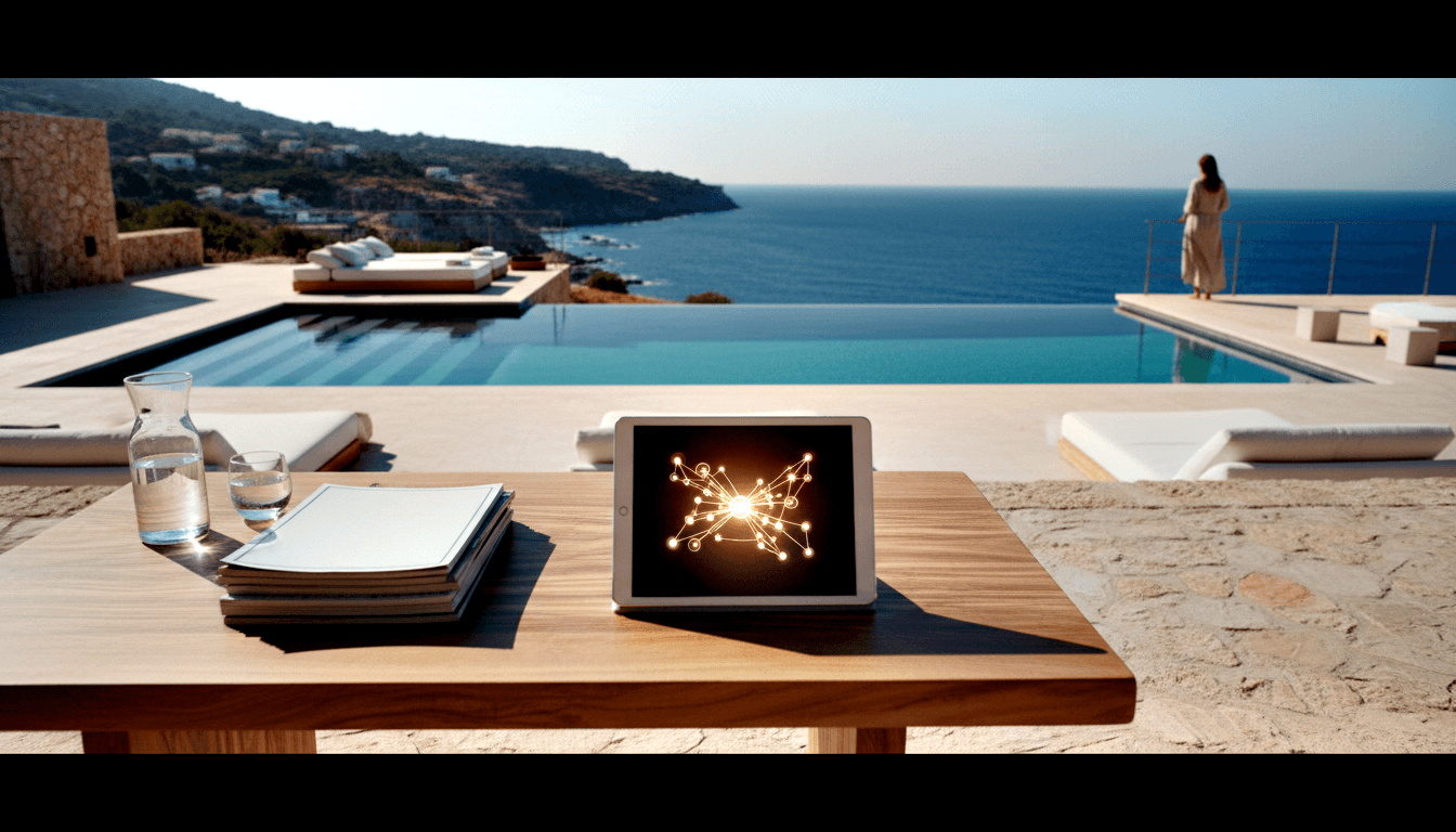 Tablet showing orange-gold network diagram on wooden table by infinity pool overlooking blue sea and rocky cliffs.
