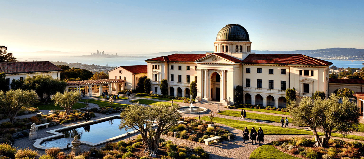 Classical domed building on hilltop with formal gardens, reflecting pool, fountain, figures walking, bay and city skyline beyond.