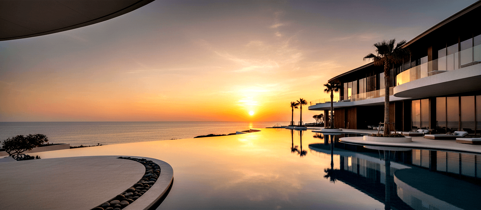 Modernist glass building with cantilevered balconies reflected in curved infinity pool merging with ocean at golden hour.