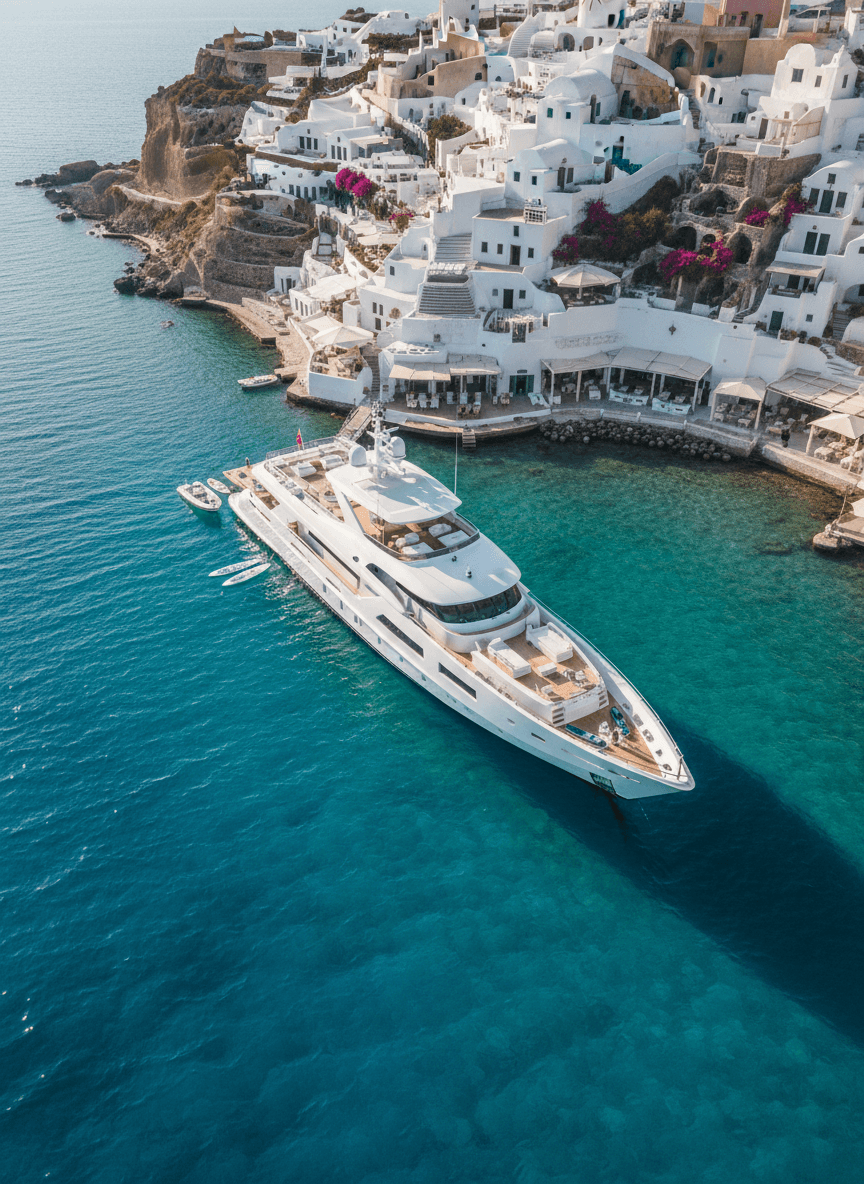 Aerial view of white superyacht in turquoise water near clifftop village of whitewashed buildings on rocky cliffs with pink vines.