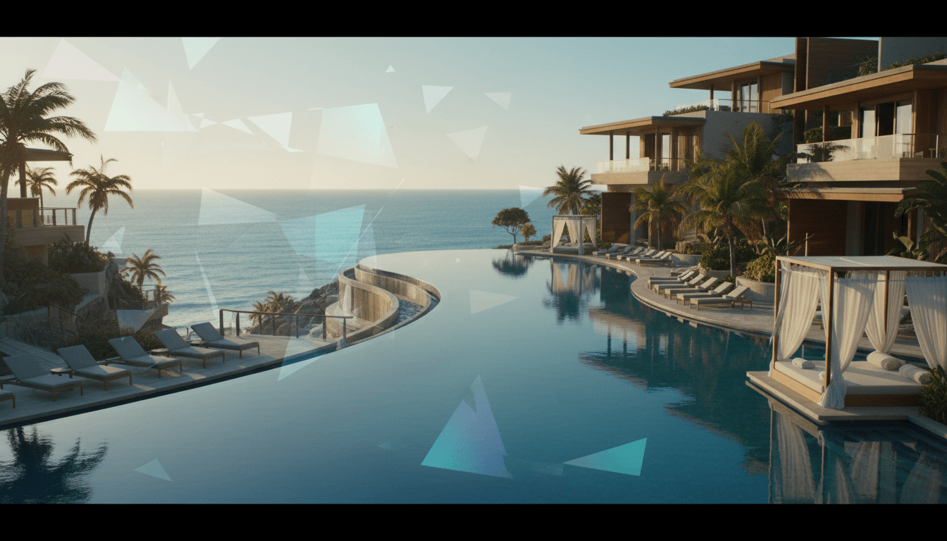 Elevated oceanfront infinity pool at golden hour with lounge chairs, white cabanas, and amber-facade building with balconies.