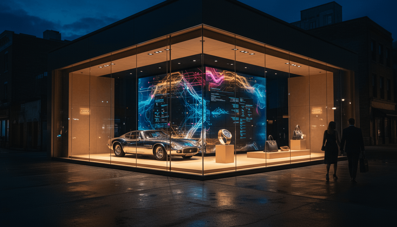 Glass pavilion at night with classic silver sports car, watch on pedestal, and handbag; neon network visuals on large screen behind.