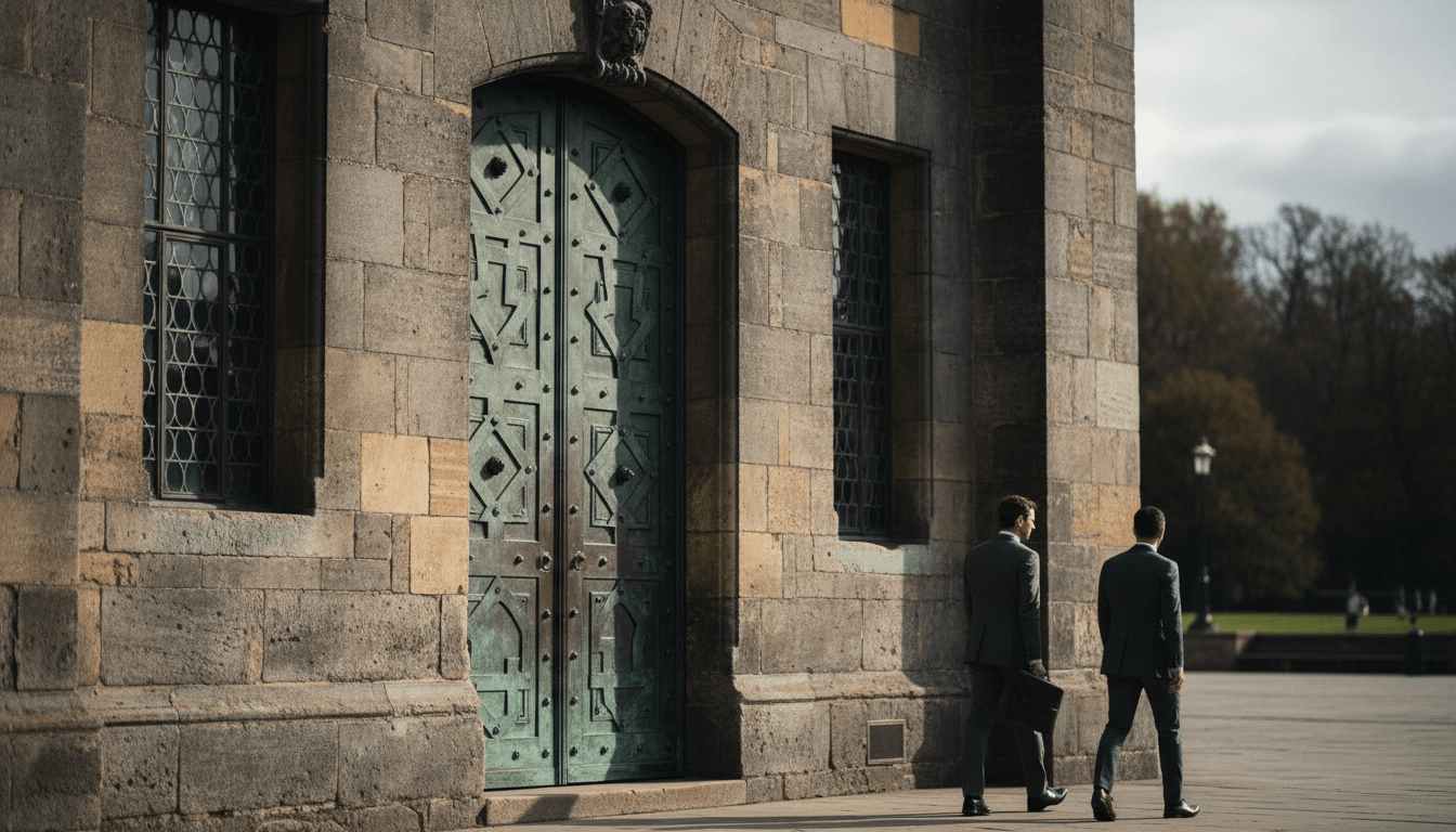 Historic stone building with tall arched bronze double doors, ornate geometric reliefs; two men in dark attire walk away at right.