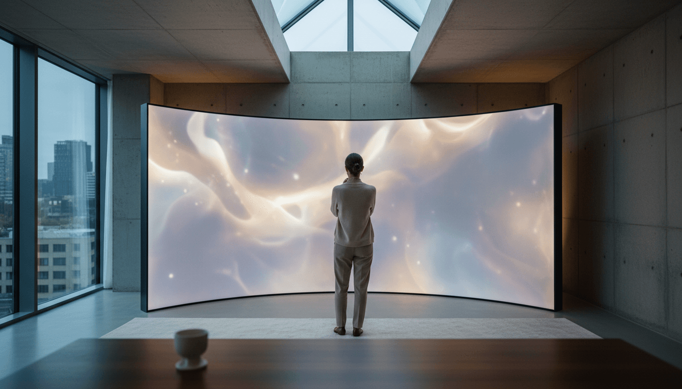 Person in beige jacket and trousers, hair in bun, barefoot on light rug, facing large curved panoramic screen with soft white and lavender light.