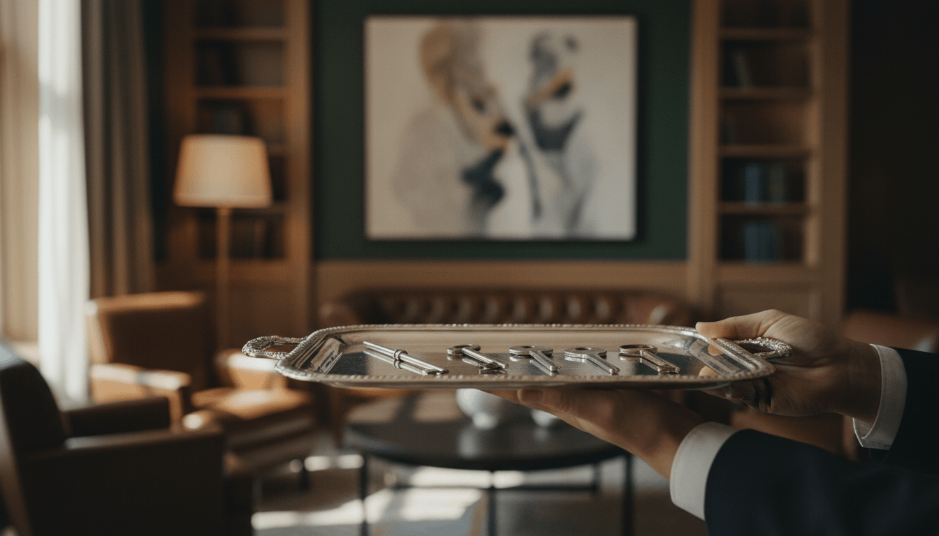 Hands in a dark suit jacket presenting a silver serving tray holding five to seven keys arranged in a row.