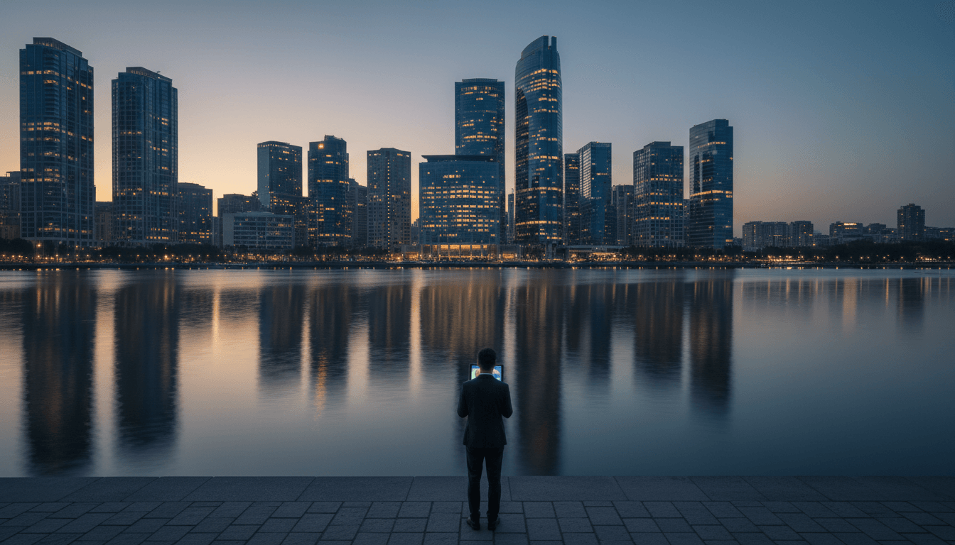 Adult in dark suit seen from behind on stone promenade at twilight, holding glowing device facing illuminated skyline reflected in calm water.