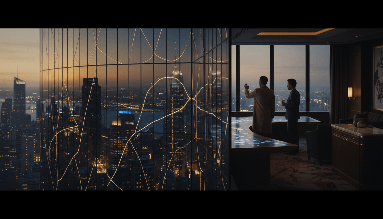 Two men in suits view city skyline at dusk through floor-to-ceiling windows, with a glowing blue curved table in foreground.
