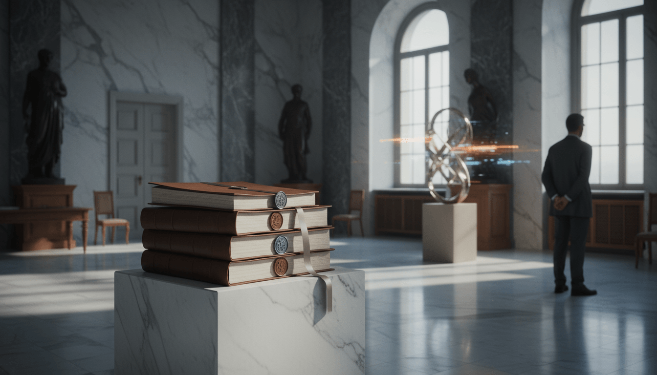 Three wax-sealed leather books on marble pedestal; suited man faces chrome sculpture emitting orange and blue light trails in CGI marble hall.