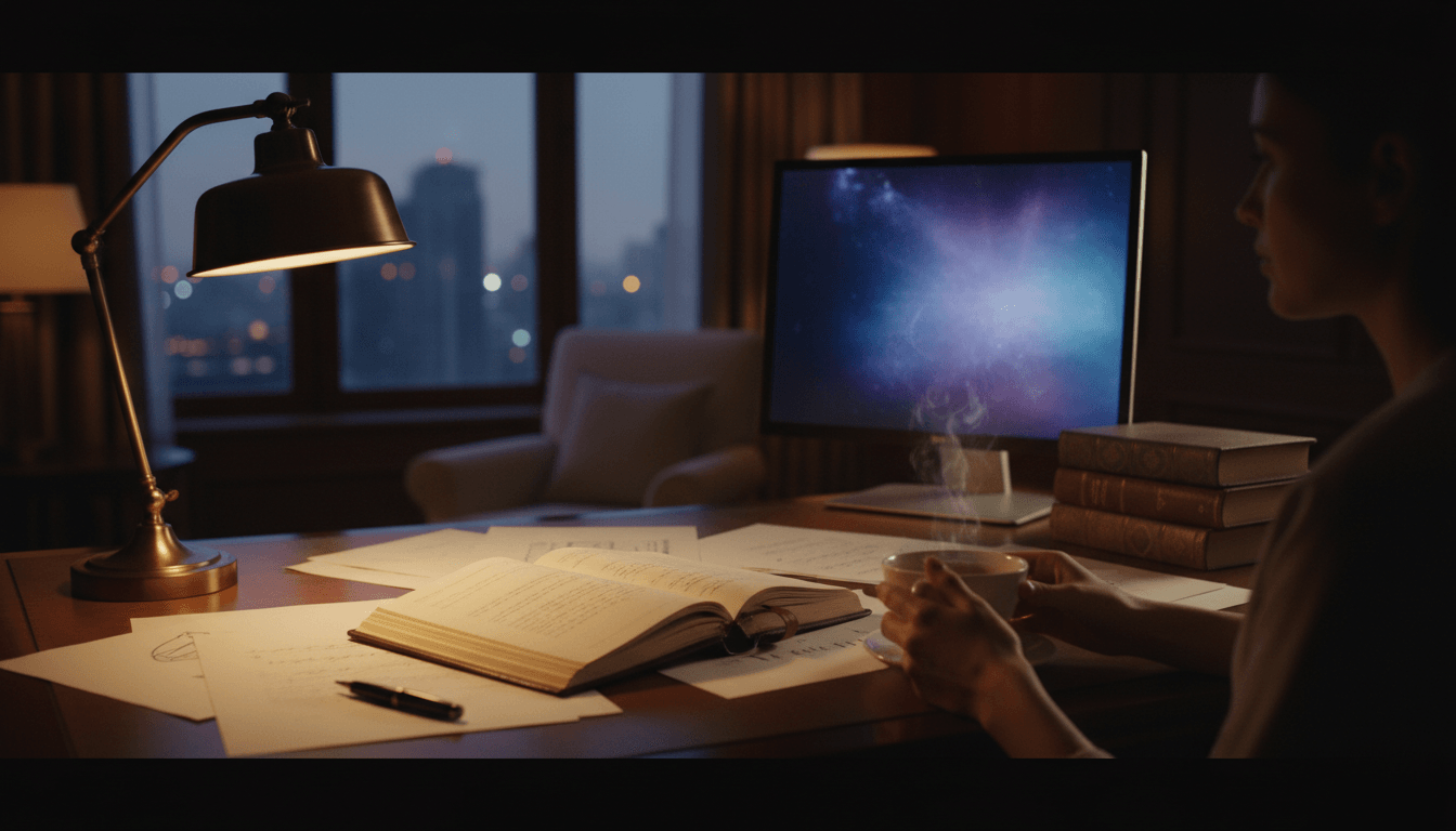 Silhouetted person at wood desk at night, holding steaming mug near open notebook, stacked books; monitor glows with nebula.