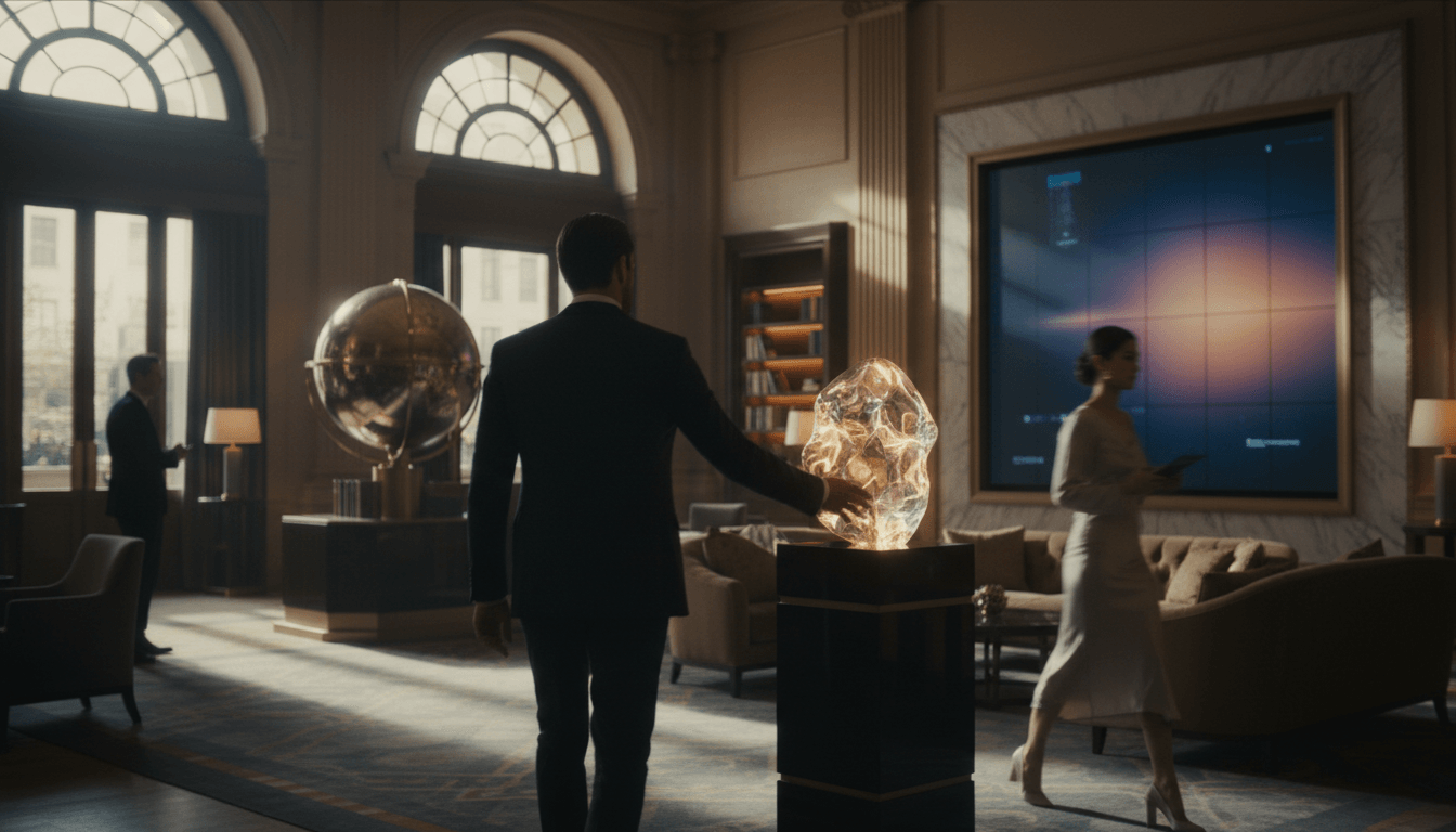Man in dark suit seen from behind reaching toward glowing amber crystalline sculpture on dark pedestal in grand interior with arched windows.