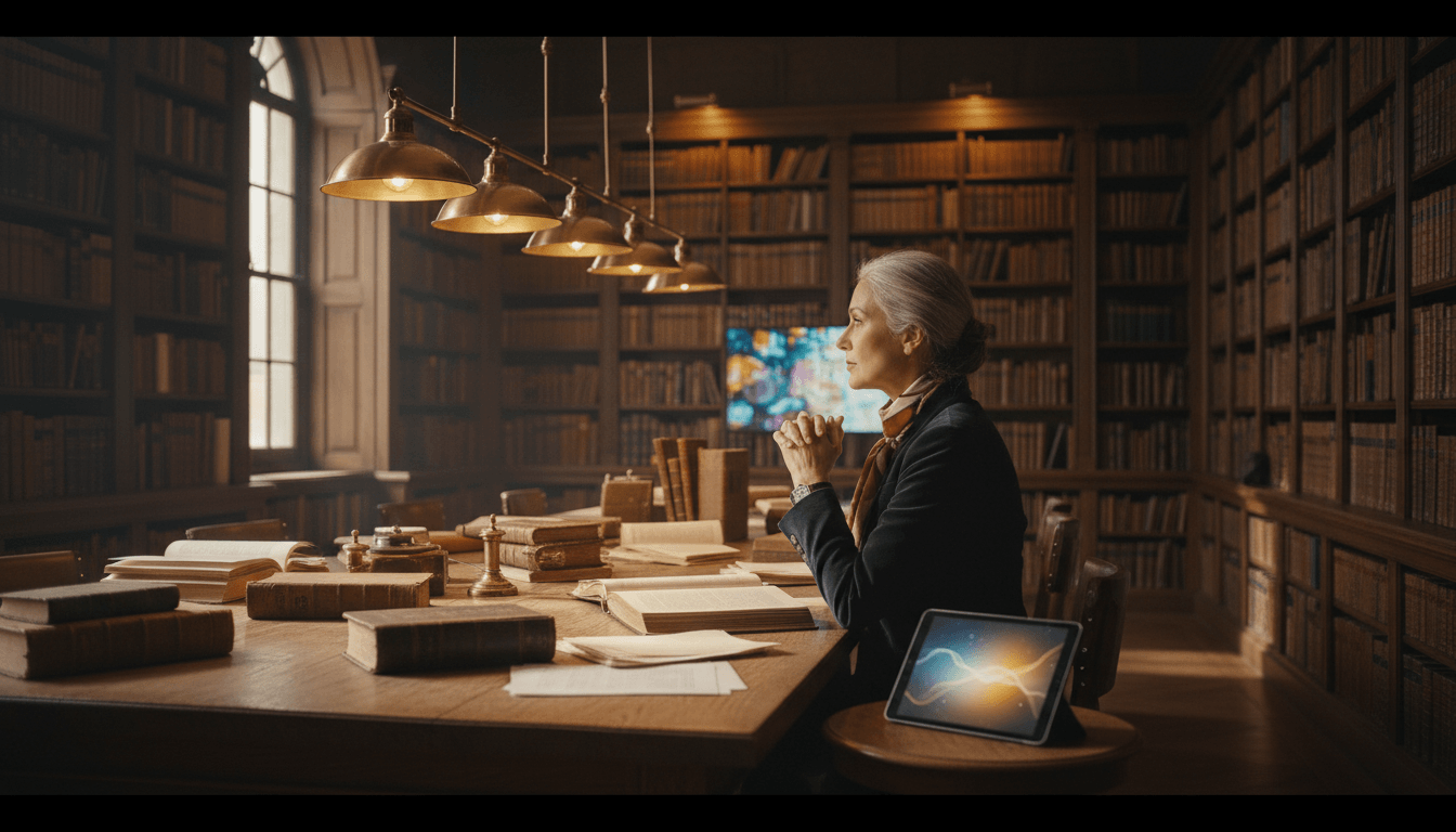 Woman in dark blazer and red scarf sits at grand library table, hands clasped, facing colorful data visualizations. CGI.