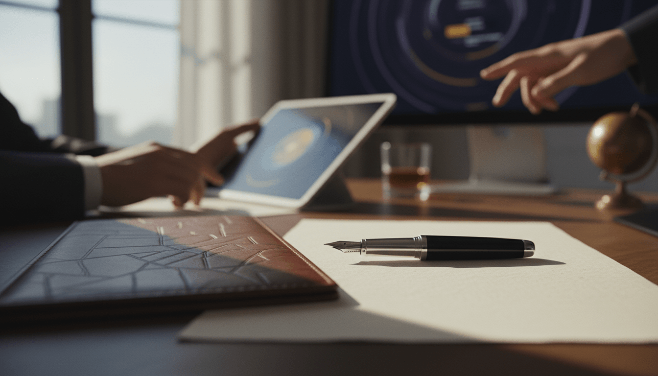 Wooden desk with fountain pen on blank paper, cognac leather portfolio, small gold globe, and glass of amber liquid; blurred boardroom behind.