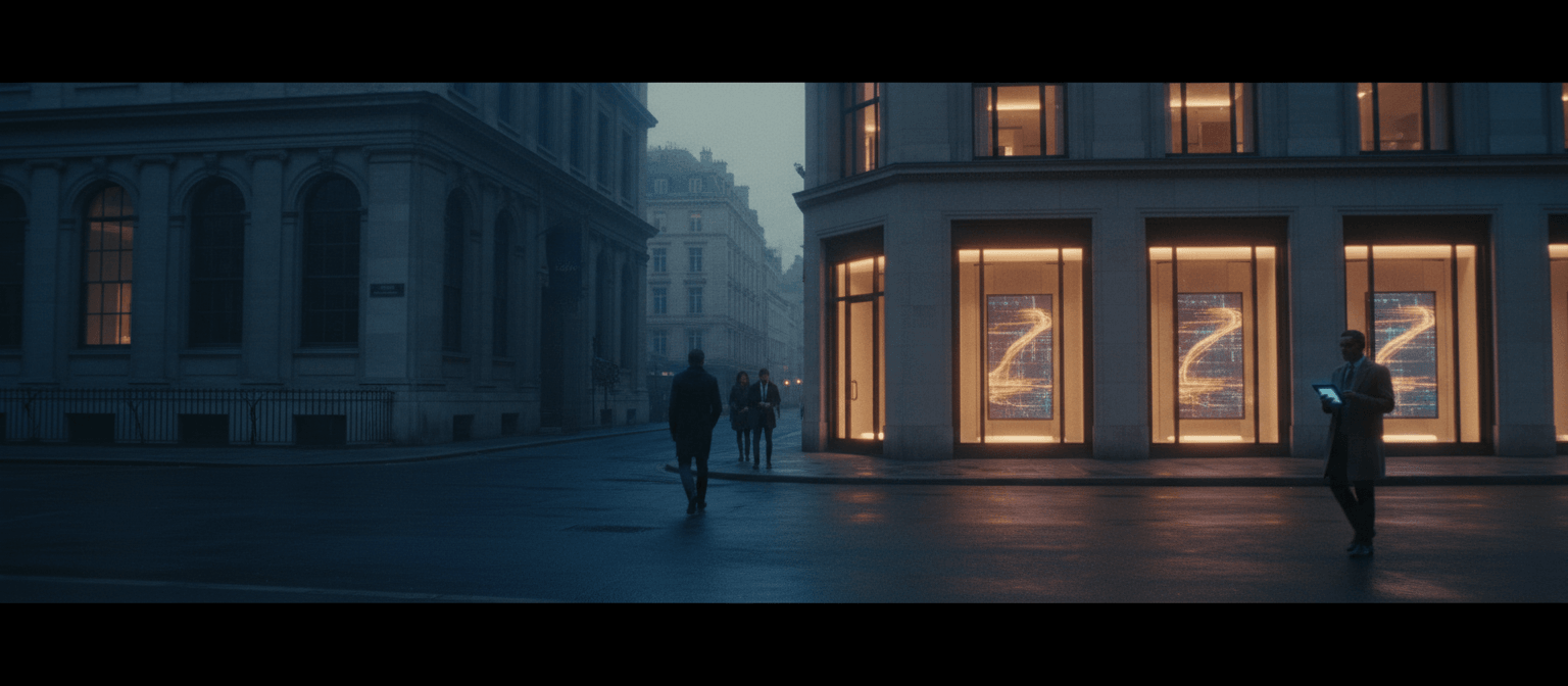 Wet stone boulevard at dusk; amber zigzag storefront light reflects on pavement, four pedestrians in dark coats.