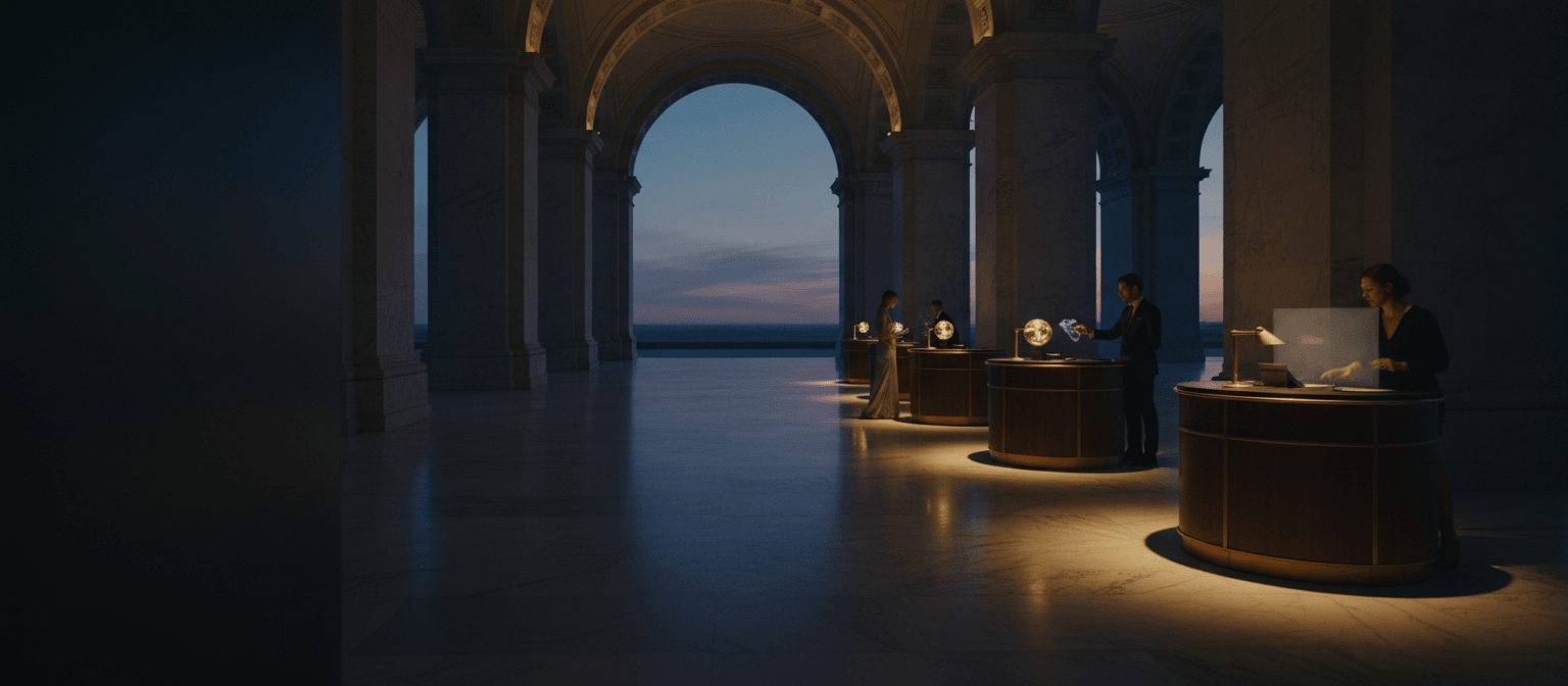 Colonnaded stone hall with vaulted arches; formal figures at amber-lit circular counters displaying glowing spheres.