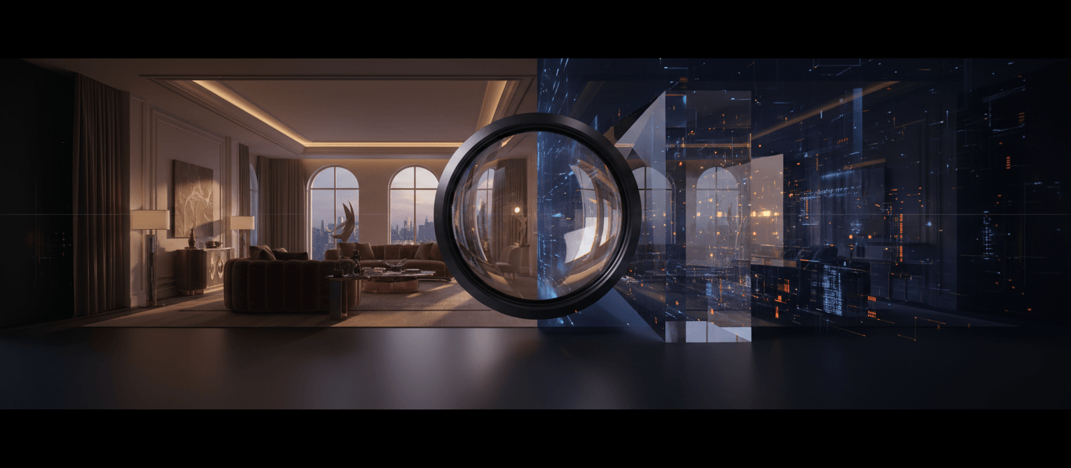 Circular lens portal splits CGI scene: warm high-rise living room at dusk (left) vs blue holographic teal data grid environment (right).