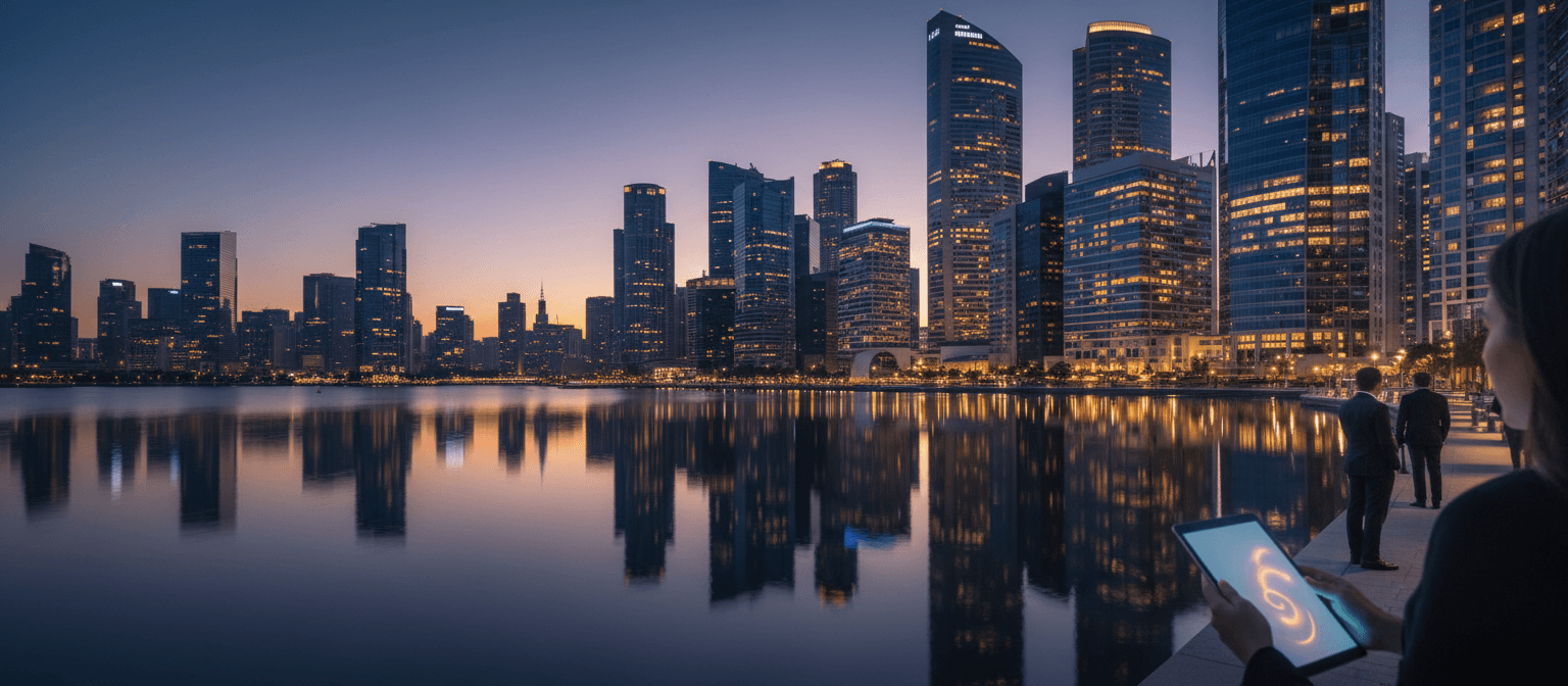 Twilight waterfront, skyscrapers reflected in calm water, two figures on promenade, one holding tablet with glowing spiral.